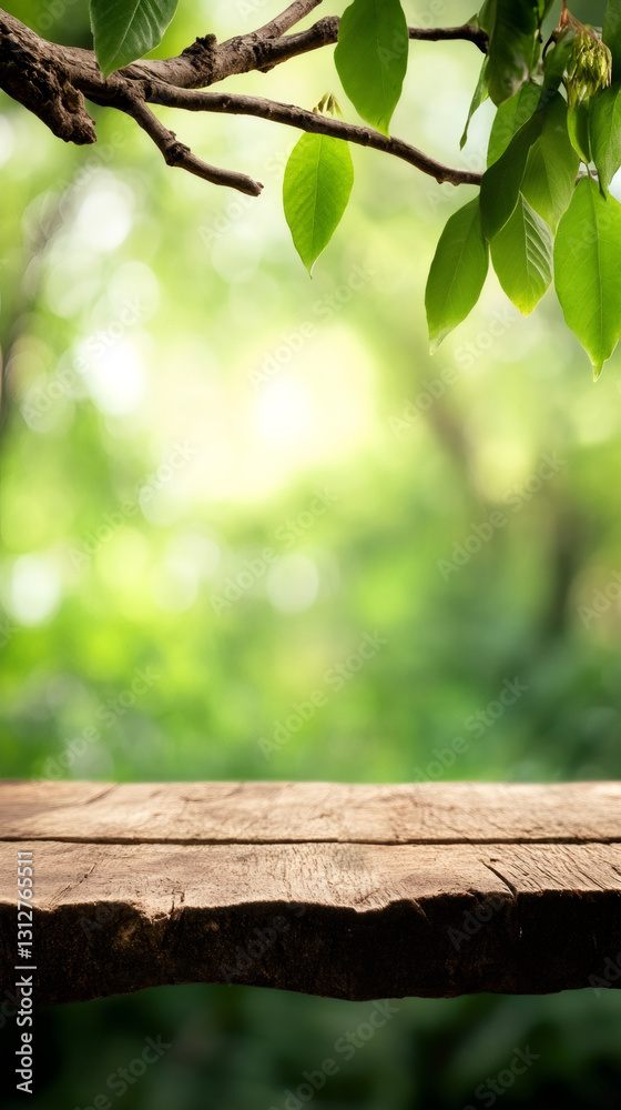 Poster Wooden table positioned near verdant forest, soft bokeh background highlighting empty surface for seamless product presentation