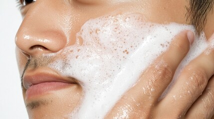 Fototapeta premium Close up of young man spreading cleansing foam across facial skin, massaging product gently while maintaining personal grooming routine, achieving clean and radiant complexion