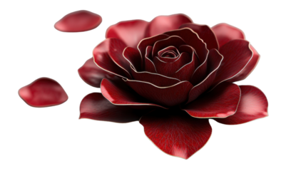 Red rose blooming with falling petals on transparent background