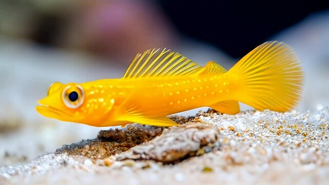 Vibrant Yellow Goby Fish Resting on Sandy Substrate with Fin Details in a Close-Up Underwater Scene with Soft Blurry Background