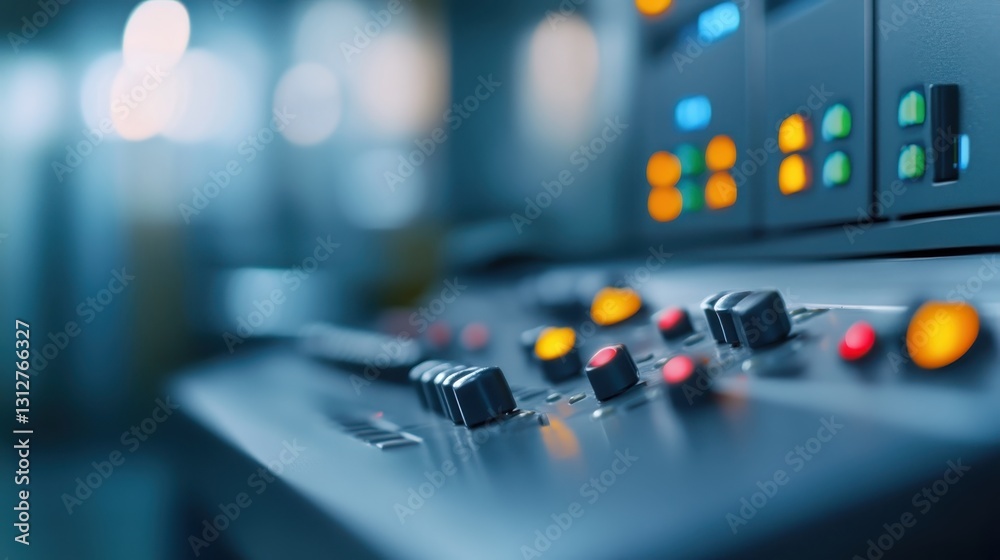 Poster control panel highlighting illuminated buttons and switches, revealing precise technological managem