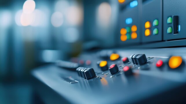 Control panel highlighting illuminated buttons and switches, revealing precise technological management within advanced electronic systems and high tech control interfaces