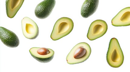 Fresh avocados displayed in various cuts highlighting their vibrant green color and texture