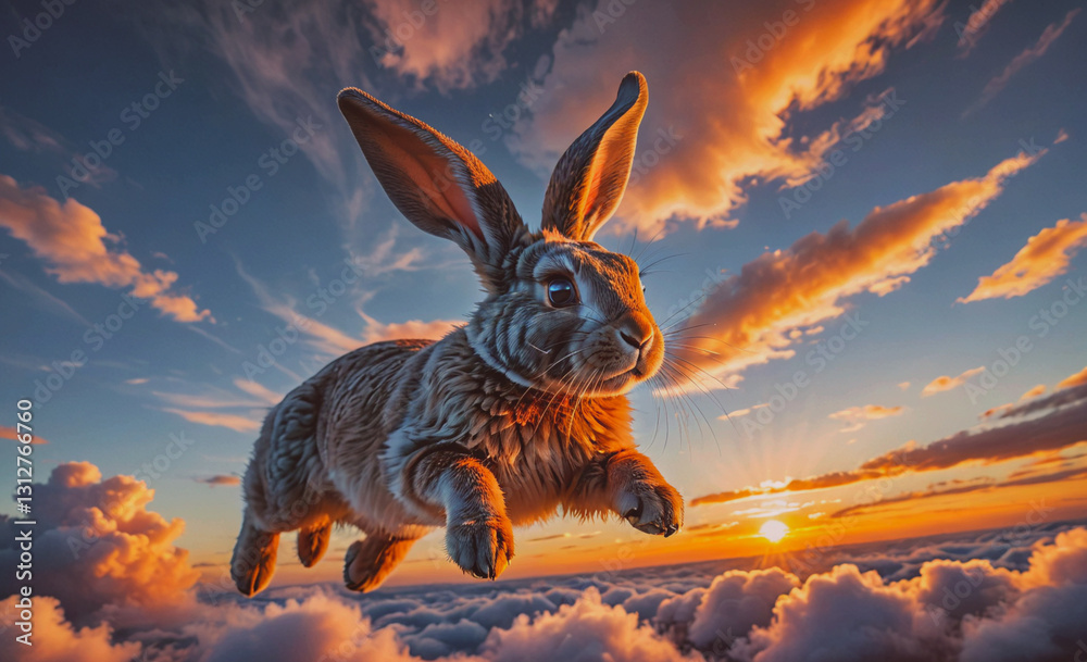 Poster Rabbit is flying through the sky with the sun setting in the background. The rabbit is happy and carefree as it soars through the clouds