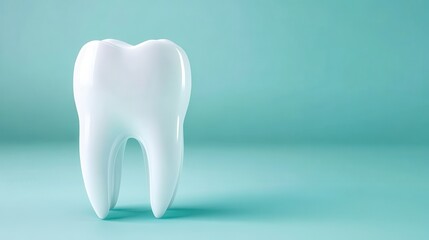 White healthy tooth standing on a turquoise background promoting dental hygiene and oral health representing healthy gums and teeth whitening treatments