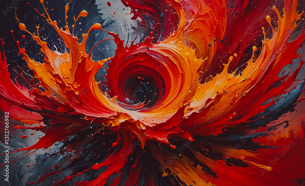 Poster painting of a red and orange swirl with black and gray splatters. the painting has a chaotic and ene
