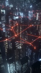 Obraz premium Nighttime mega city brightened by red wired links