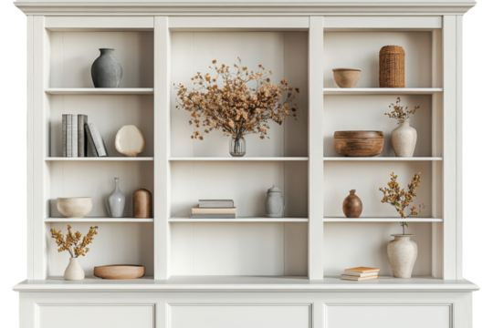 Elegant display of modern home decor featuring vases and natural elements in a stylish shelving unit