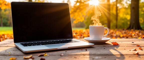 Cozy laptop and steaming coffee on rustic table, autumn ambiance