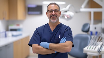 Confident male dentist smiling with crossed arms, wearing blue scrubs and gloves, in a modern dental clinic, showcasing professionalism and expertise in oral healthcare