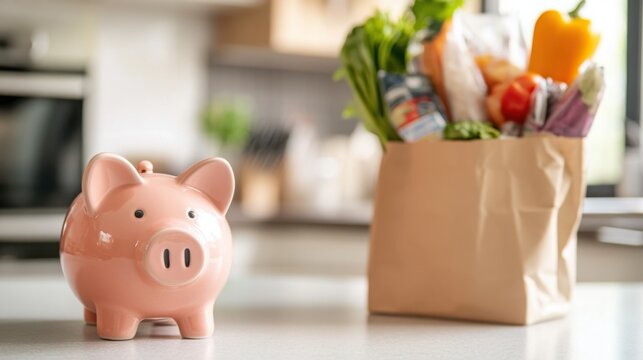 Piggy bank beside a grocery bag filled with fresh produce in a bright kitchen