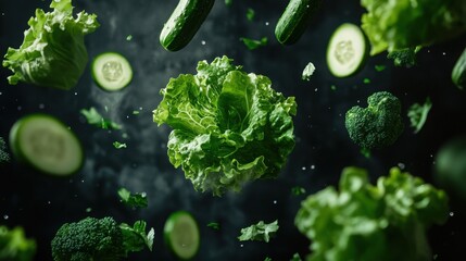 Fresh vegetables floating in air with water droplets in a dynamic kitchen environment