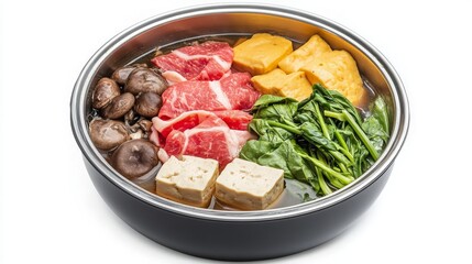 A Vibrant Hot Pot Filled with Fresh Vegetables, Meats, and Spices Served in a Sleek Stainless Steel Bowl, Perfect for Sharing and Enjoying a Delicious Meal Together.