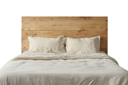 Stylish bedroom setup featuring a wooden headboard, cozy bedding, and neutral tones for a modern decor aesthetic