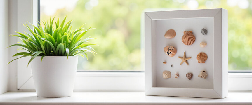 Seashell collection in shadow box frame on bright windowsill, coastal decor