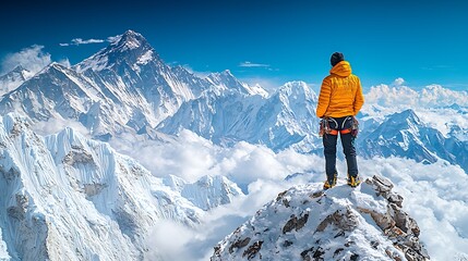 Climber on Himalayan Peak Stunning Panoramic View Adventure Travel