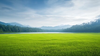 Fototapeta premium Verdant rice field rolling toward tranquil lake, snow capped mountains and dense forest creating dramatic landscape under overcast sky