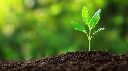 Seedling emerging from rich earth, depicting vibrant growth potential with lush green backdrop, representing environmental renewal and emerging life cycle