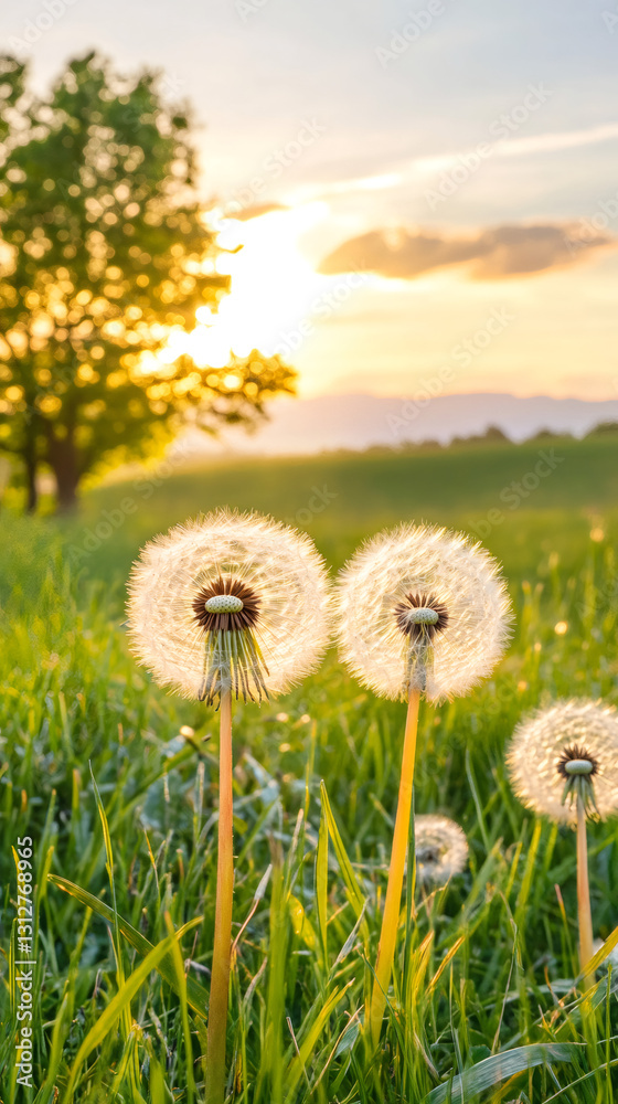 Poster dandelion seedheads glowing in backlight at sunset in a field with a tree in the background