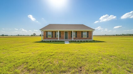 Brick ranch house on sunny rural field
