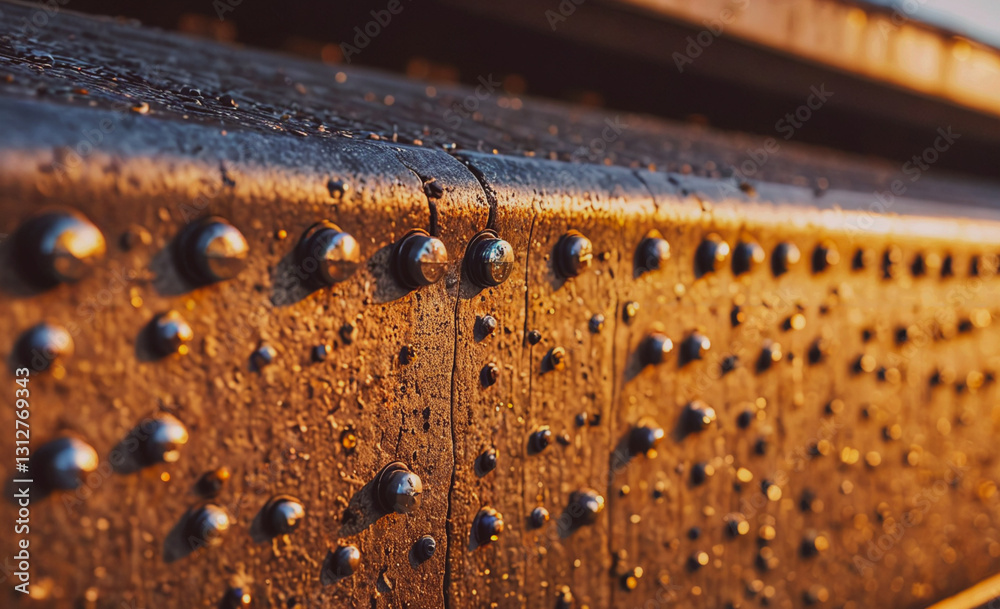 Poster Metal structure with many small holes and a lot of rust. The rust gives the structure a worn and aged appearance, while the holes suggest that it has been used and maintained over time