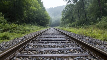 Obraz premium Railroad tracks vanishing through foggy woodland, merging industrial remnants with verdant landscape under soft atmospheric light