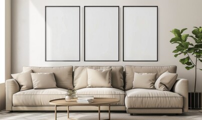 Minimalist living room with a beige sofa. three empty frames. a coffee table. and a potted plant
