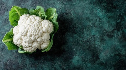 Fresh cauliflower on dark textured background with green leaves for healthy meal preparation