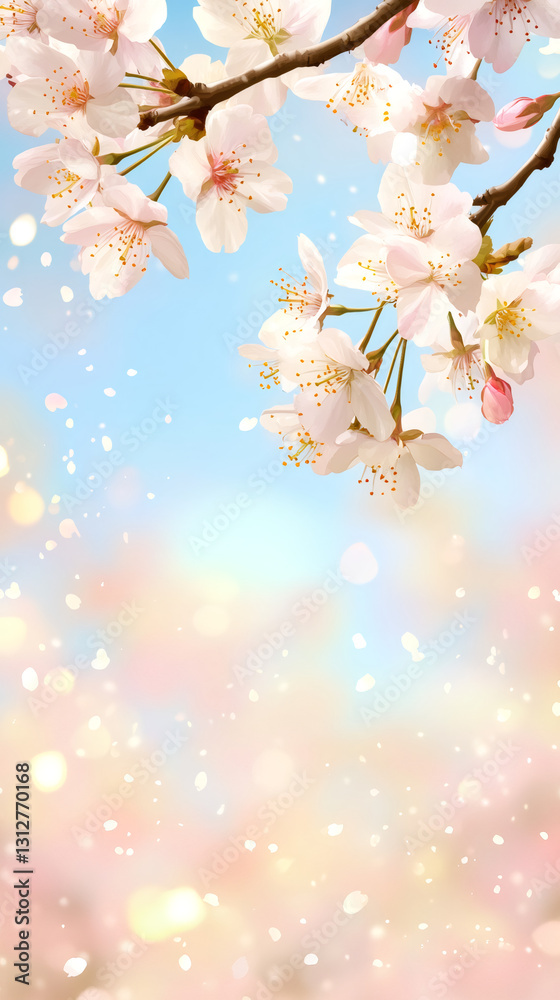 Poster beautiful cherry blossoms gently falling from a tree branch on a sunny spring day creating a dreamy 