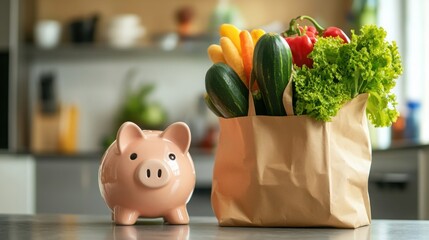 Budgeting for healthy eating with fresh groceries and savings jar in a modern kitchen setting