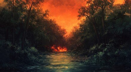 Forest fire path, burning trees, orange sky, ominous mood