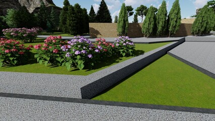 Obraz premium 3d image of the landscape design of the home territory. Landscaping of the territory. Computer visualization of composite landscaping and landscaping solutions.