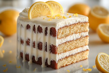 A layered square cake with lemon slices and white icing topping it