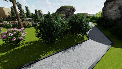 Fototapeta premium 3d image of the landscape design of the home territory. Landscaping of the territory. Computer visualization of composite landscaping and landscaping solutions.