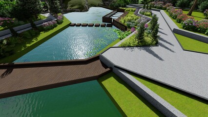 3d image of the landscape design of the home territory. Landscaping of the territory. Computer visualization of composite landscaping and landscaping solutions.