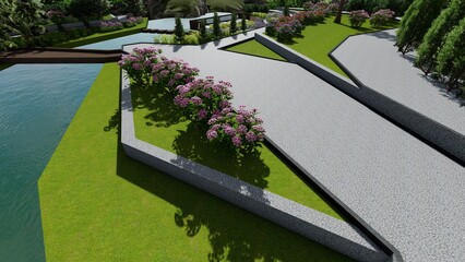 Fototapeta premium 3d image of the landscape design of the home territory. Landscaping of the territory. Computer visualization of composite landscaping and landscaping solutions.