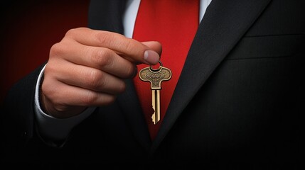 Businessman offering key, dark background