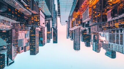 Upside Down Cityscape: An Inverted View of Urban Architecture at Dusk