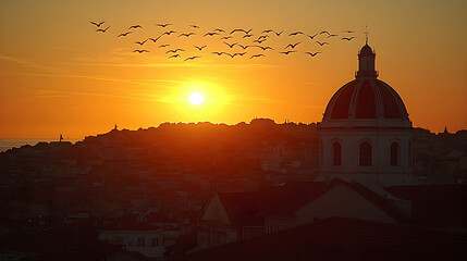 Obraz premium Sunset birds soar over Italian city