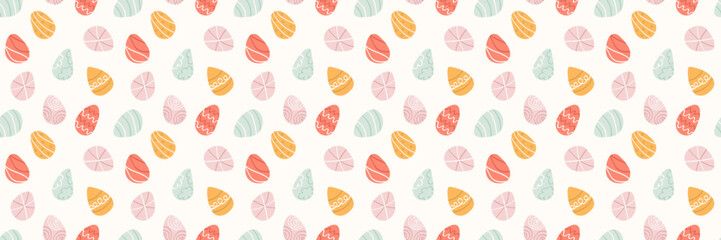 Pattern with Decorated Easter Eggs. Hand drawn Naive Eggs illustration. Seamless print on white background
