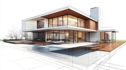 A contemporary architectural sketch of a house facade, created with pencil and markers, featuring a detailed and technical background.