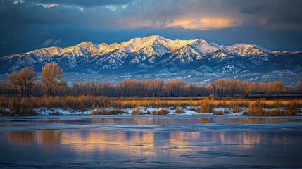 Fototapeta premium Snowy mountain range reflecting in calm, icy water at sunset.