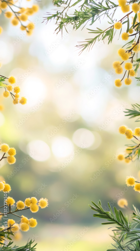 Aufkleber yellow mimosa flowers framing a beautiful bokeh background with sunlight, perfect for spring and sum