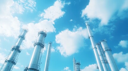 Metal chimneys and distillation columns rising towards a blue sky dotted with white clouds, creating a powerful image of industrial activity