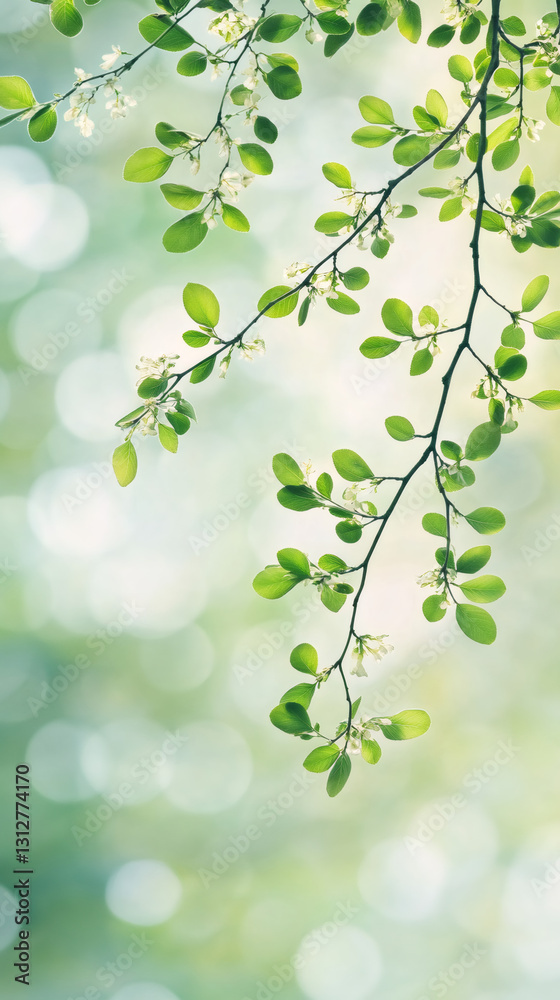 Poster flowering branches spreading white blossoms, green foliage creating soft springtime atmosphere with 