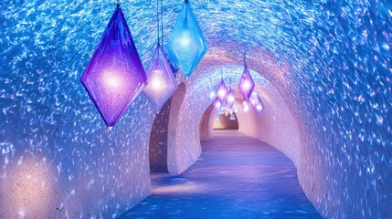 Illuminated pathway in a blue, crystal cave.