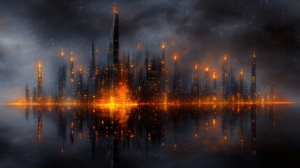 Futuristic Cityscape at Night: A Digital Painting of a Glowing Metropolis Reflected in Still Waters Under a Starry Sky