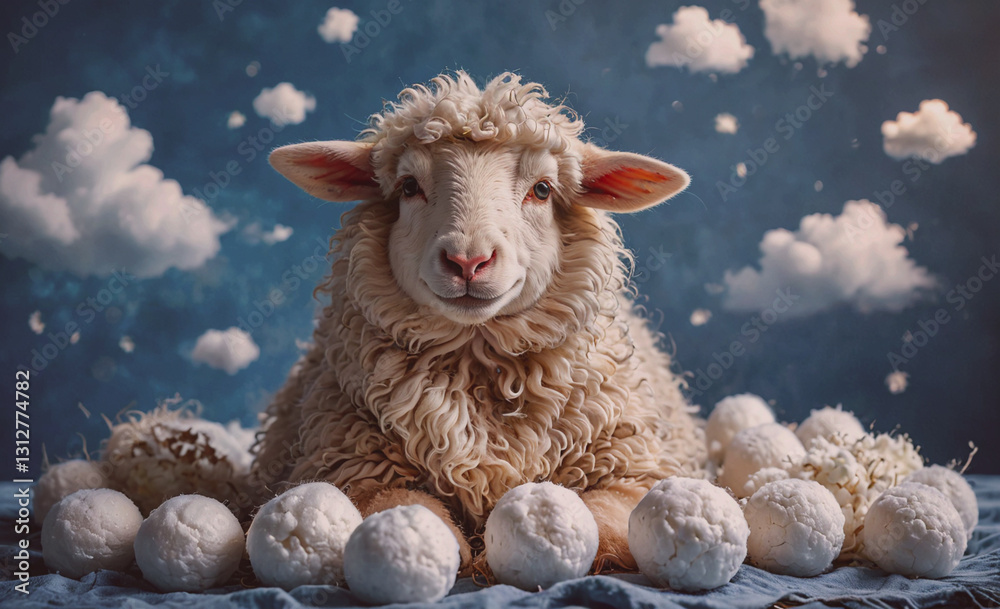 Poster fluffy white sheep is laying on a bed of snowballs. the sheep is smiling and he is enjoying its surr