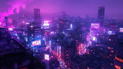 Obraz premium Neon Cityscape at Night: A Dreamlike Urban Panorama