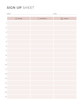 Sign up Sheet with event and date Portrait Letter size